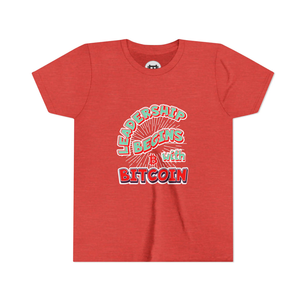 Leadership Begins With Bitcoin Youth T-Shirt - Heather Red - Bella Canvas 3001Y Flat View - Bitcoin Merch