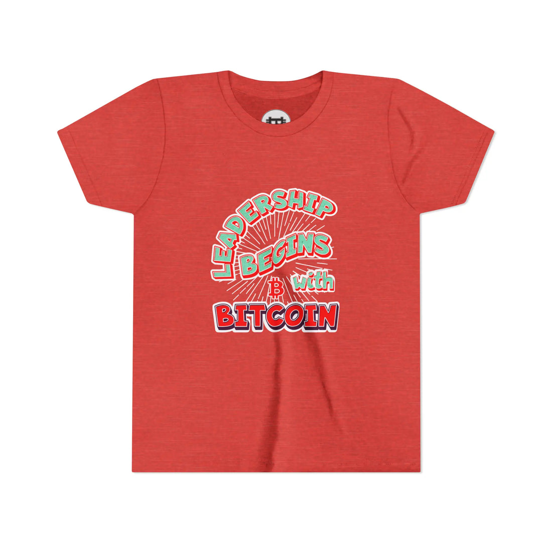 Leadership Begins With Bitcoin Youth T-Shirt - Heather Red - Bella Canvas 3001Y Flat View - Bitcoin Merch