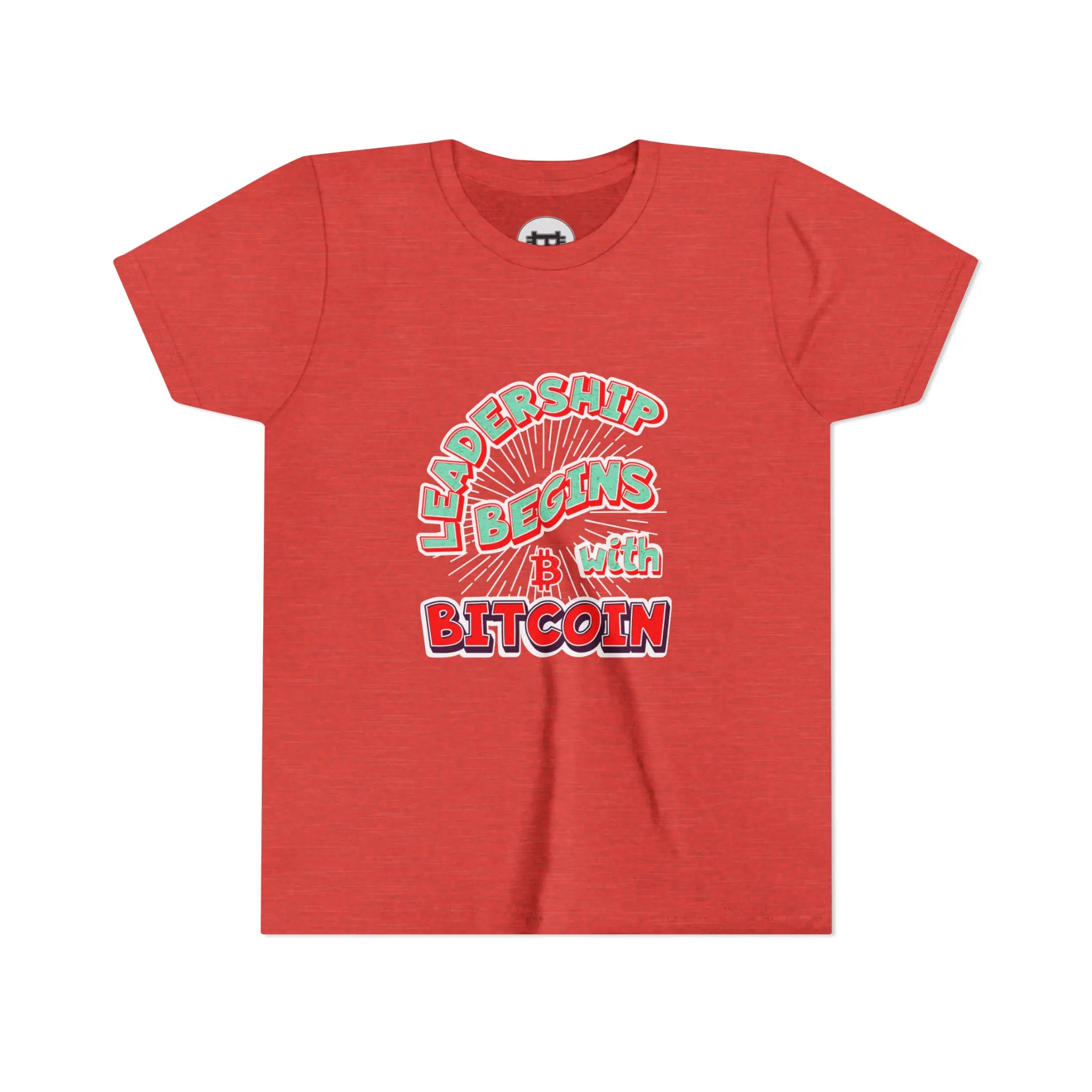 Leadership Begins With Bitcoin Youth T-Shirt - Heather Red - Bella Canvas 3001Y Flat View - Bitcoin Merch