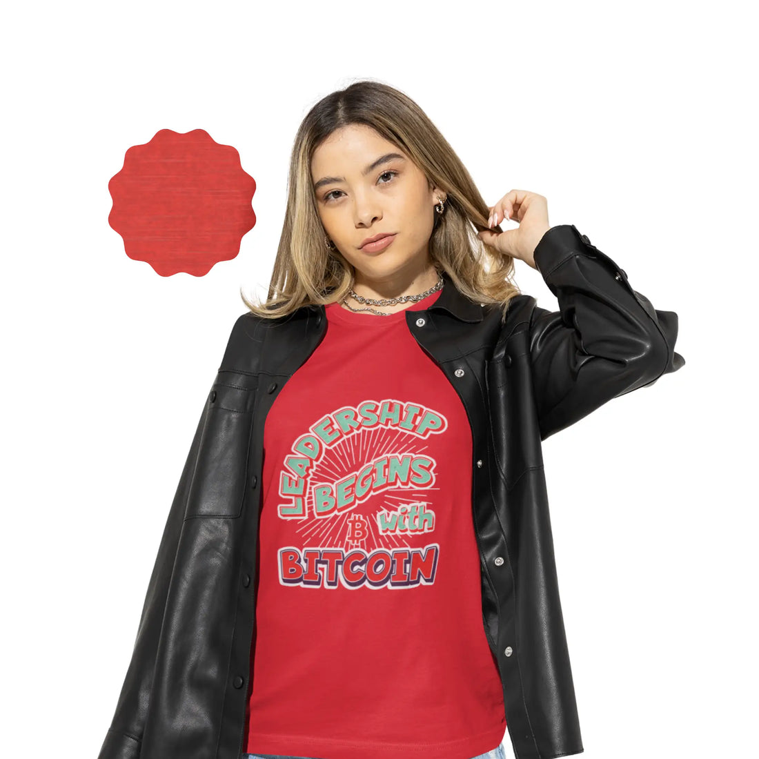 Leadership Begins With Bitcoin Youth T-Shirt - Heather Red - Bella Canvas 3001Y Model Front - Bitcoin Merch