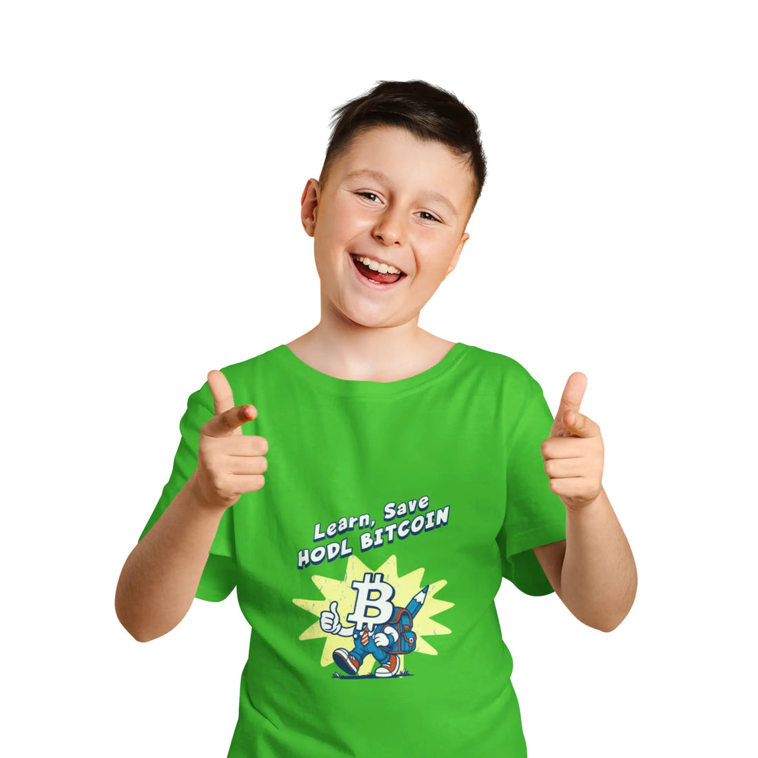 Learn Save Hodl Bitcoin Kids T-Shirt - Apple - LAT 6101 Model Front View - Sovereign Bitcoin Gear