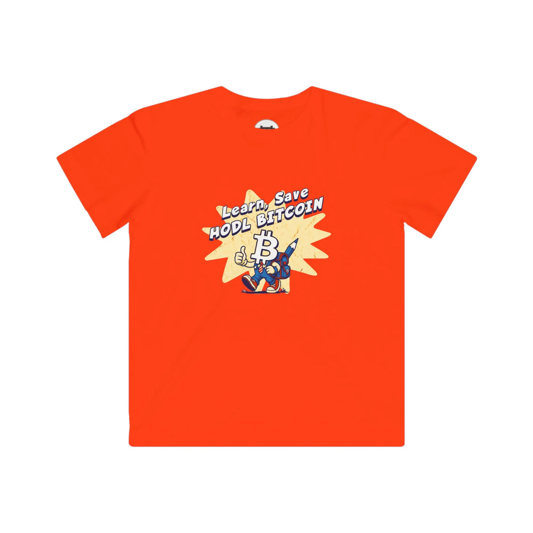 Learn Save Hodl Bitcoin Kids T-Shirt - Orange - LAT 6101 Flat Design View - Modern Bitcoin Wear