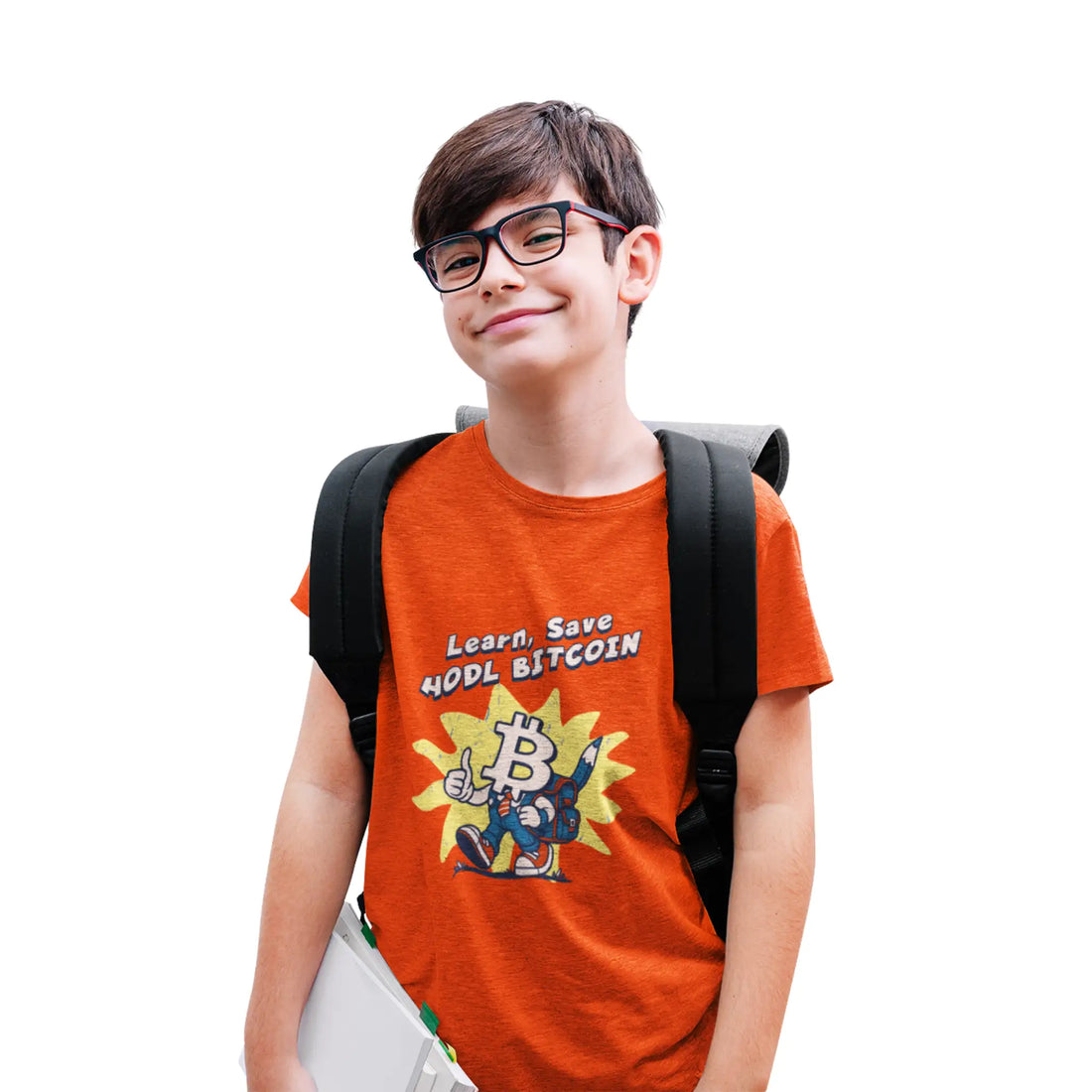 Learn Save Hodl Bitcoin Kids T-Shirt - Orange - LAT 6101 Model Front View - Modern Bitcoin Wear