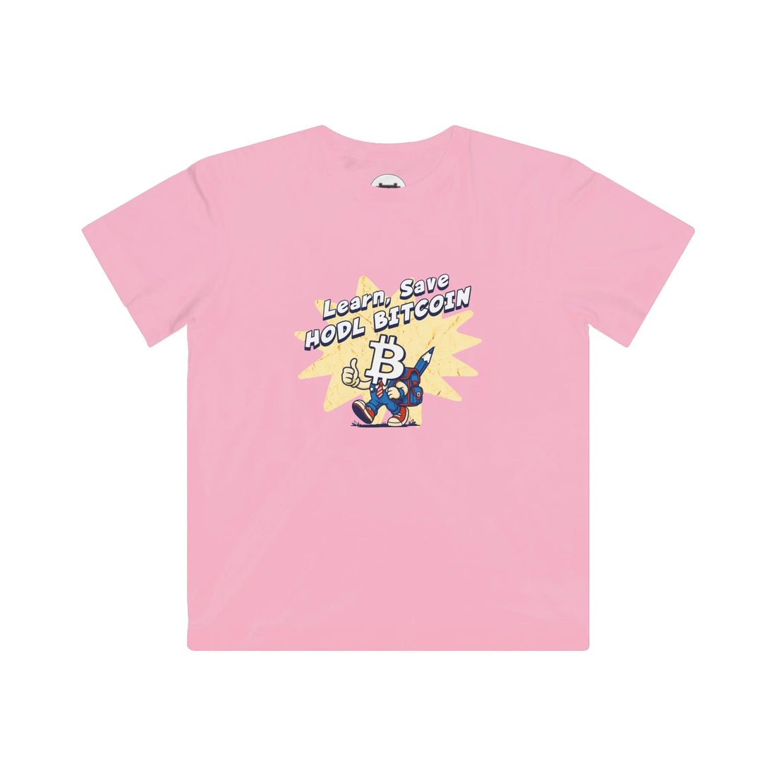Learn Save Hodl Bitcoin Kids T-Shirt - Pink - LAT 6101 Flat Design View - Sovereign Bitcoin Gear