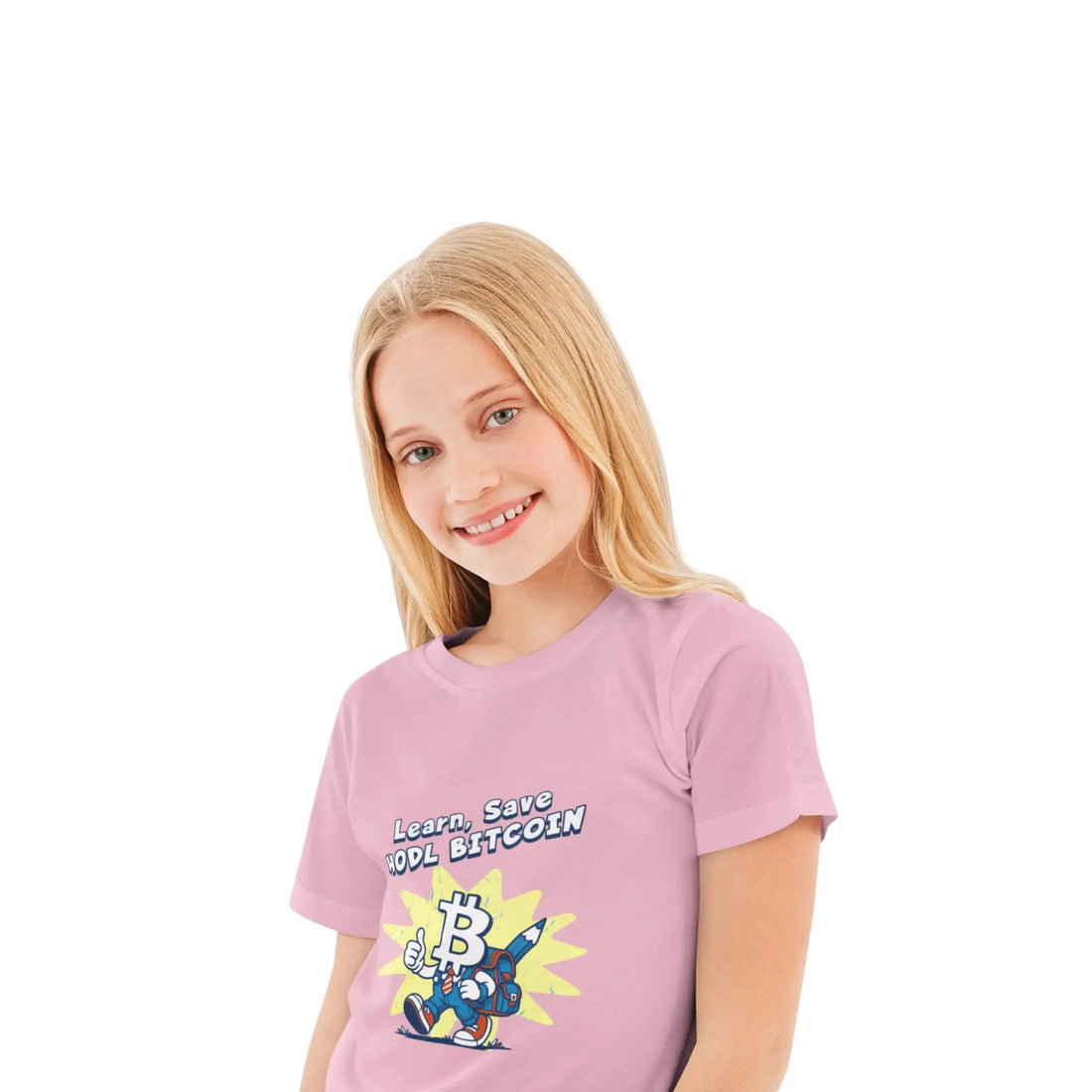 Learn Save Hodl Bitcoin Kids T-Shirt - Pink - LAT 6101 Model Front View - Sovereign Bitcoin Gear