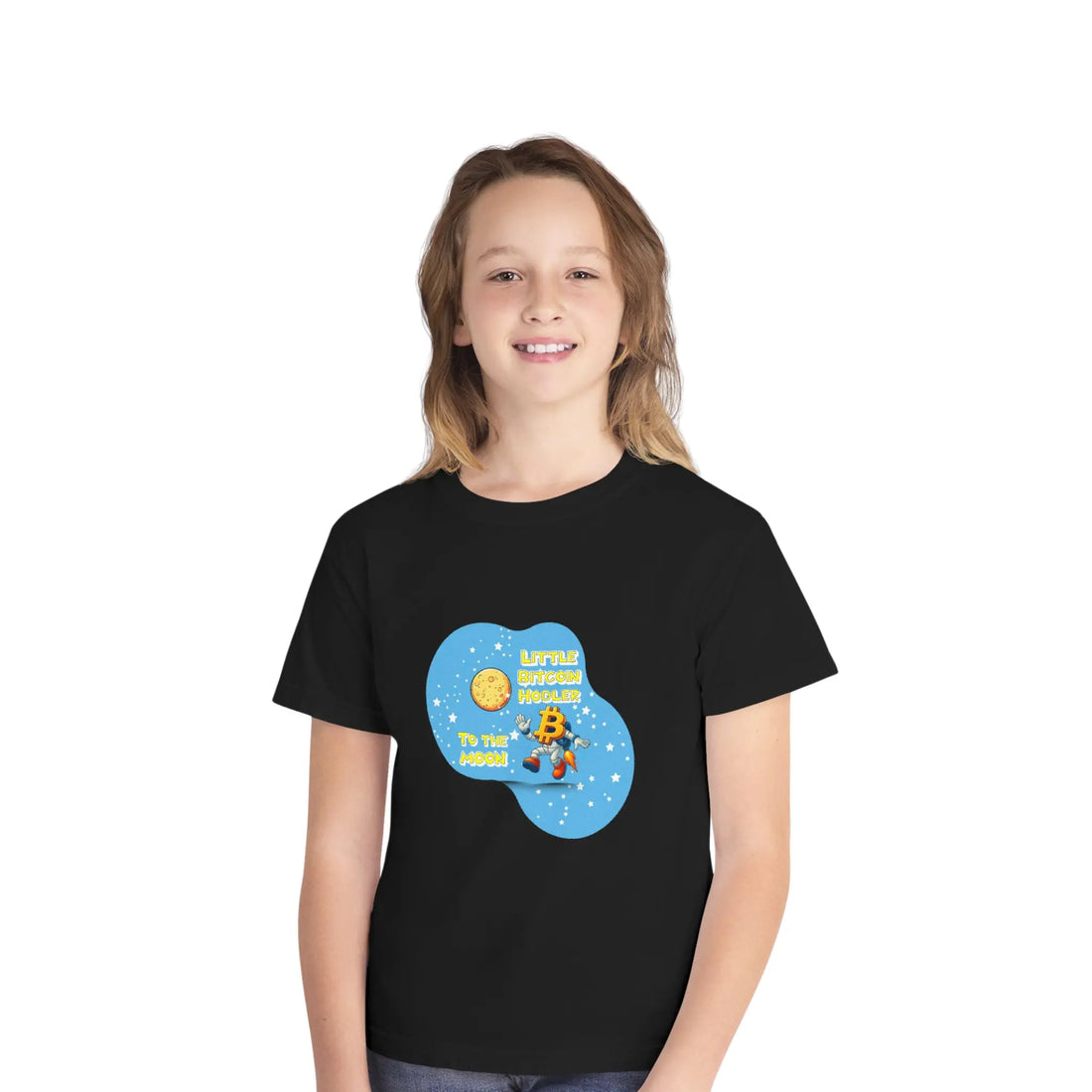 Little Bitcoin Hodler To The Moon Kids T-Shirt - Black - Comfort Colors 9018 Boy Model Front - Bitcoin Gear