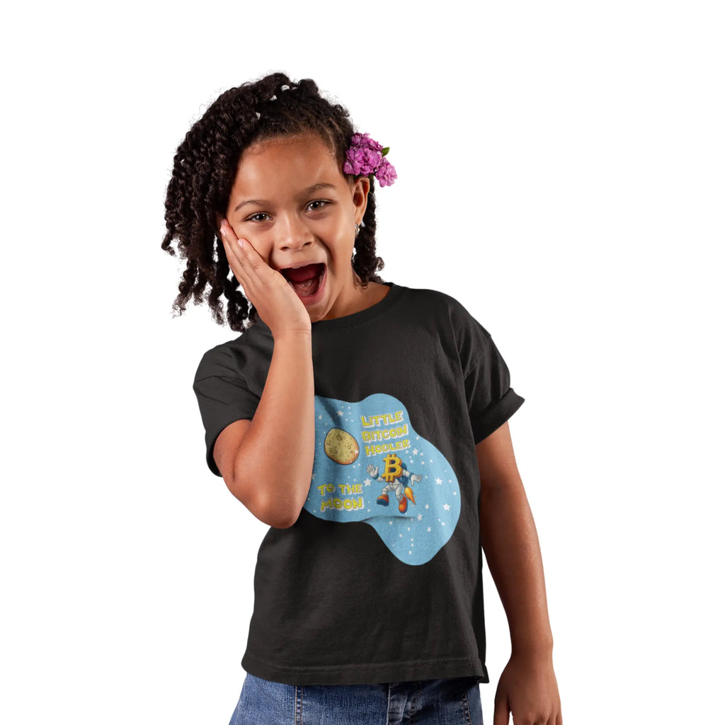 Little Bitcoin Hodler To The Moon Kids T-Shirt - Black - Comfort Colors 9018 Girl Model Front - Bitcoin Gear