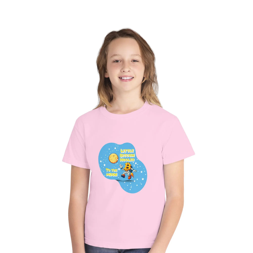 Little Bitcoin Hodler To The Moon Kids T-Shirt - Blossom - Comfort Colors 9018 Boy Model Front - Bitcoin Wear
