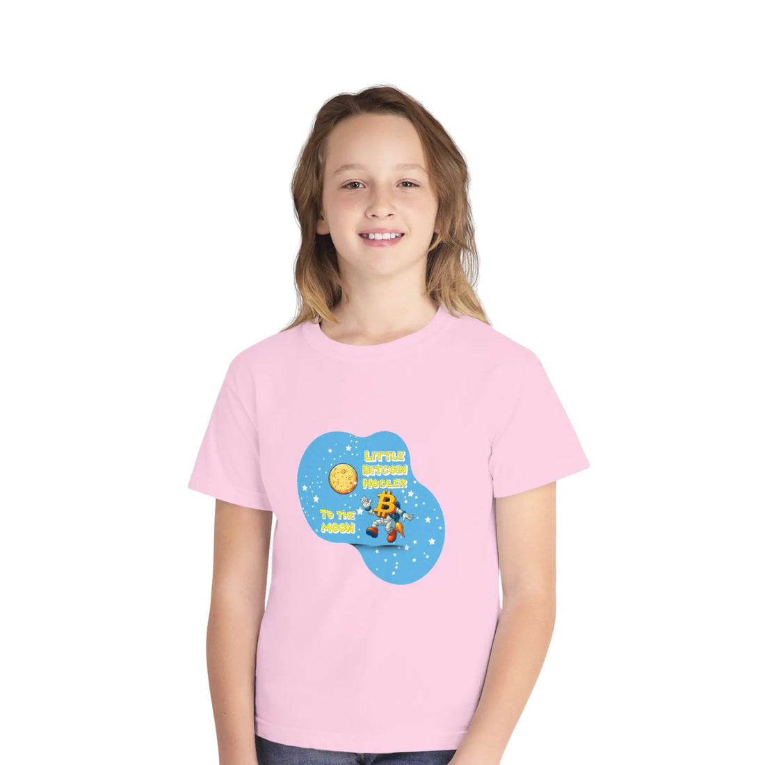 Little Bitcoin Hodler To The Moon Kids T-Shirt - Blossom - Comfort Colors 9018 Boy Model Front - Bitcoin Wear