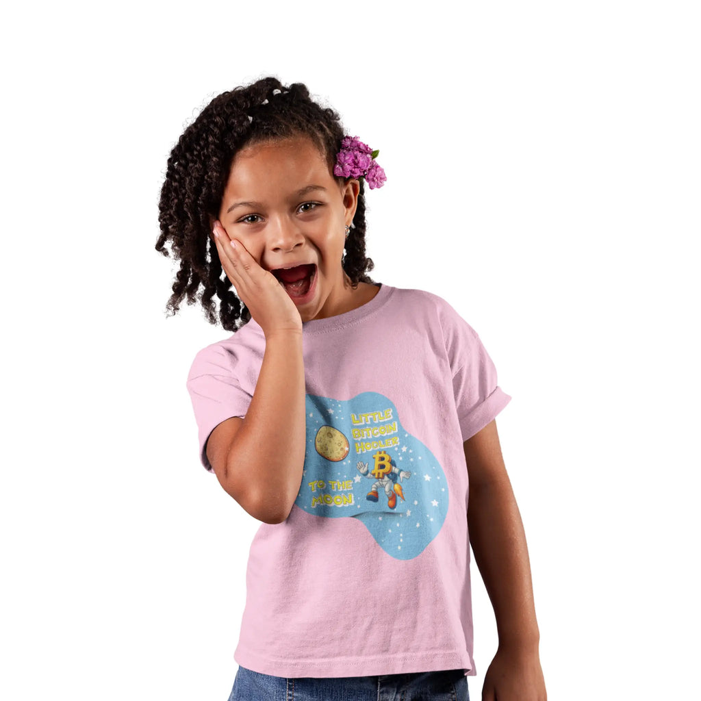 Little Bitcoin Hodler To The Moon Kids T-Shirt - Blossom - Comfort Colors 9018 Girl Model Front - Bitcoin Wear