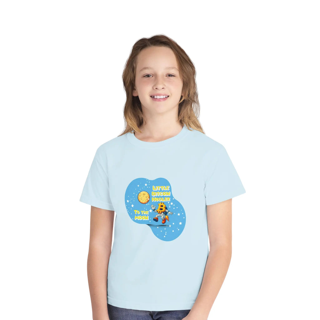 Little Bitcoin Hodler To The Moon Kids T-Shirt - Chambray - Comfort Colors 9018 Boy Model Front - Bitcoin Gear
