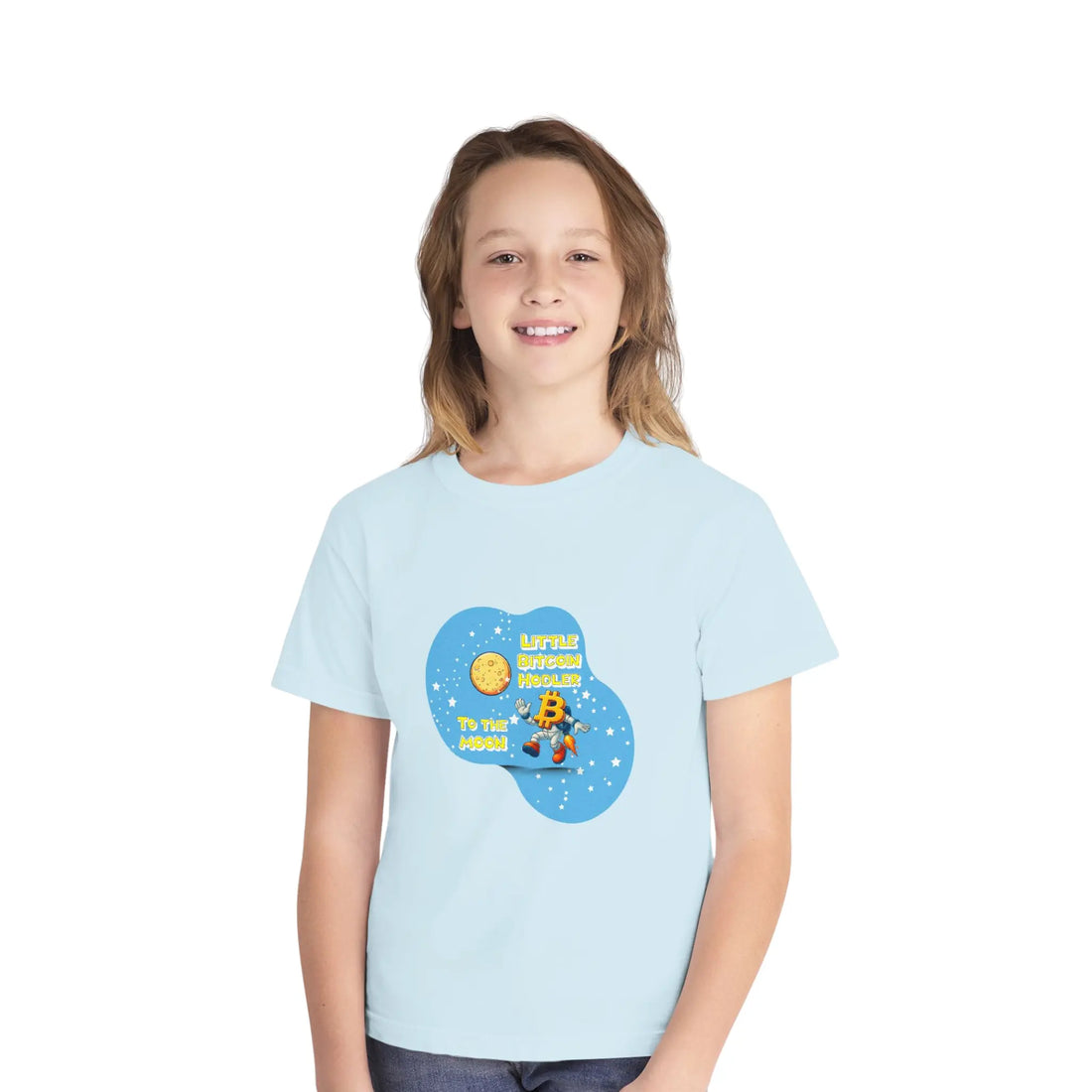 Little Bitcoin Hodler To The Moon Kids T-Shirt - Chambray - Comfort Colors 9018 Boy Model Front - Bitcoin Gear