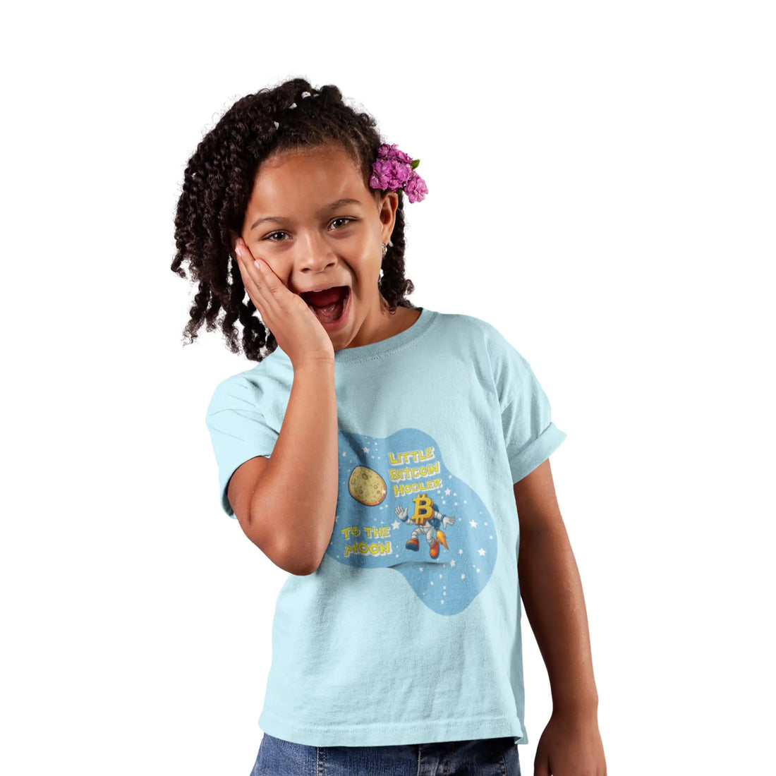 Little Bitcoin Hodler To The Moon Kids T-Shirt - Chambray - Comfort Colors 9018 Girl Model Front - Bitcoin Gear