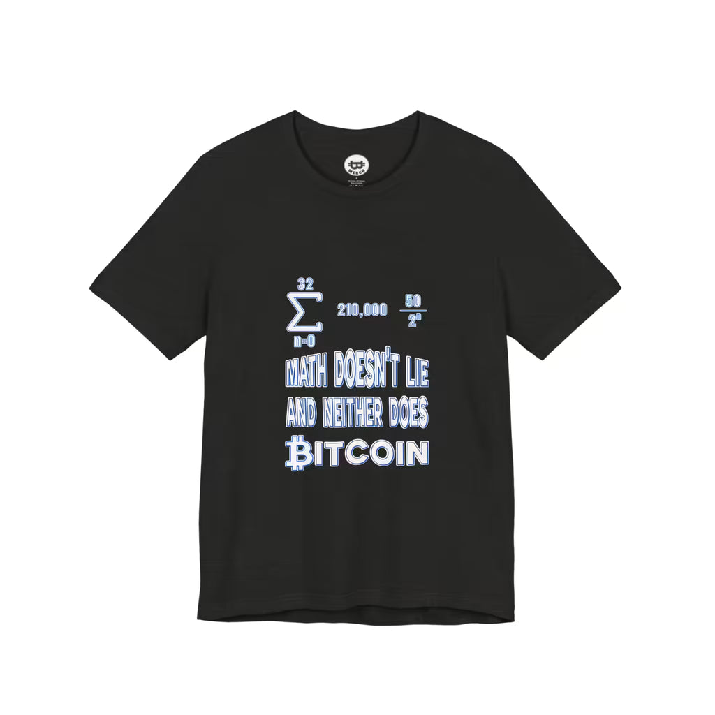 Flat lay view of the black heather Math Doesn't Lie Bitcoin t-shirt, showing the soft Bella Canvas 3001 material.