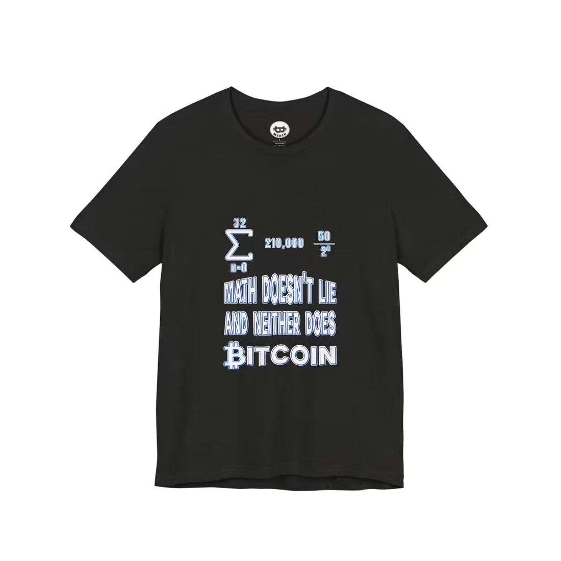 Flat lay view of the black heather Math Doesn't Lie Bitcoin t-shirt, showing the soft Bella Canvas 3001 material.