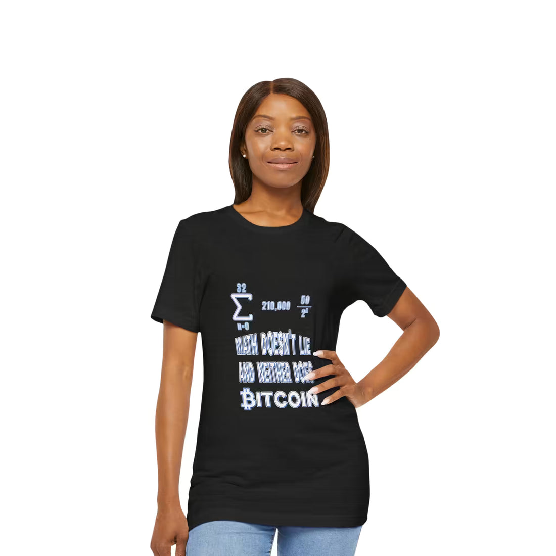 Front view of a model in the black heather Math Doesn't Lie Bitcoin t-shirt, securing wealth with verifiable math.