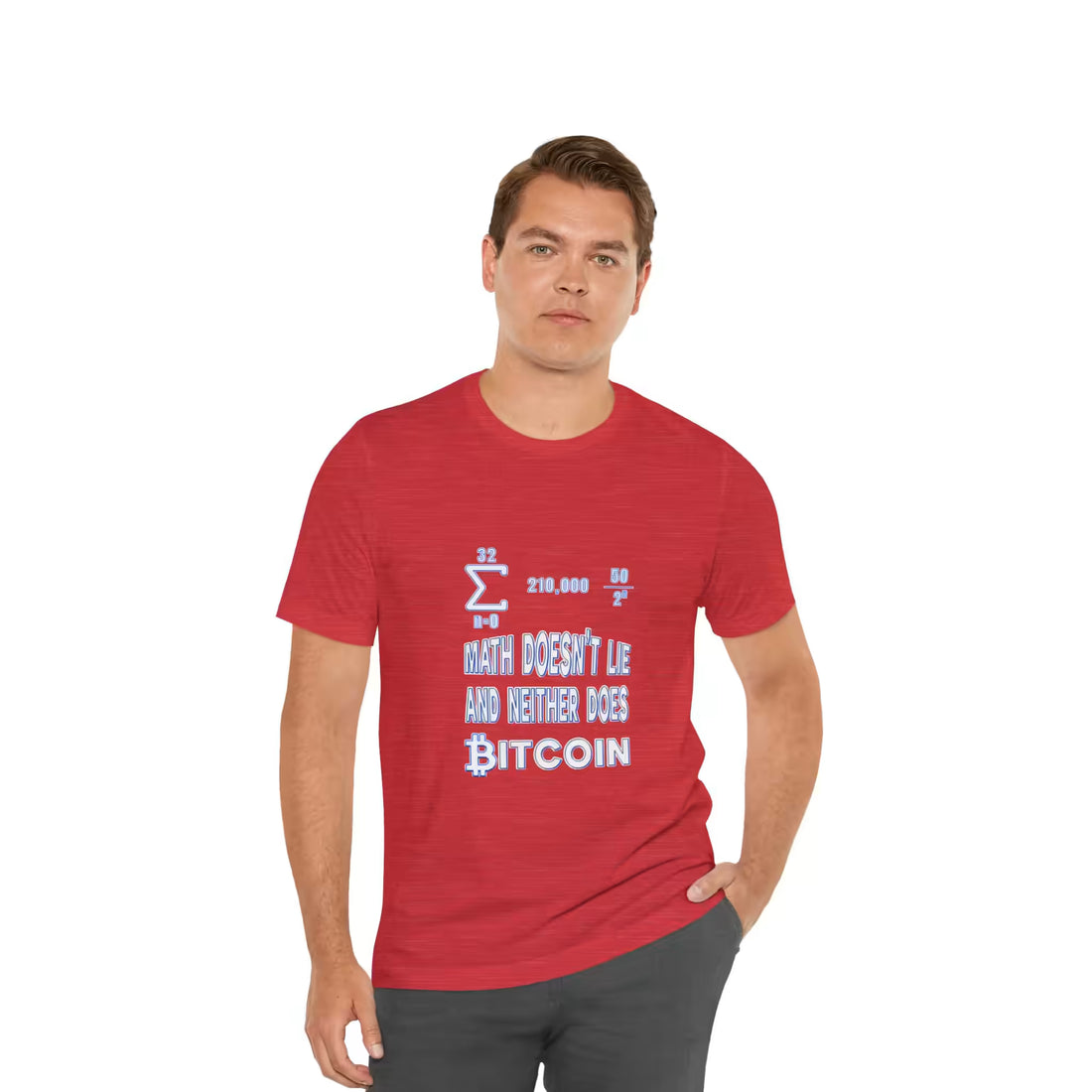 Front view of a model wearing the heather red Math Doesn't Lie Bitcoin t-shirt, opting for absolute mathematical truth.