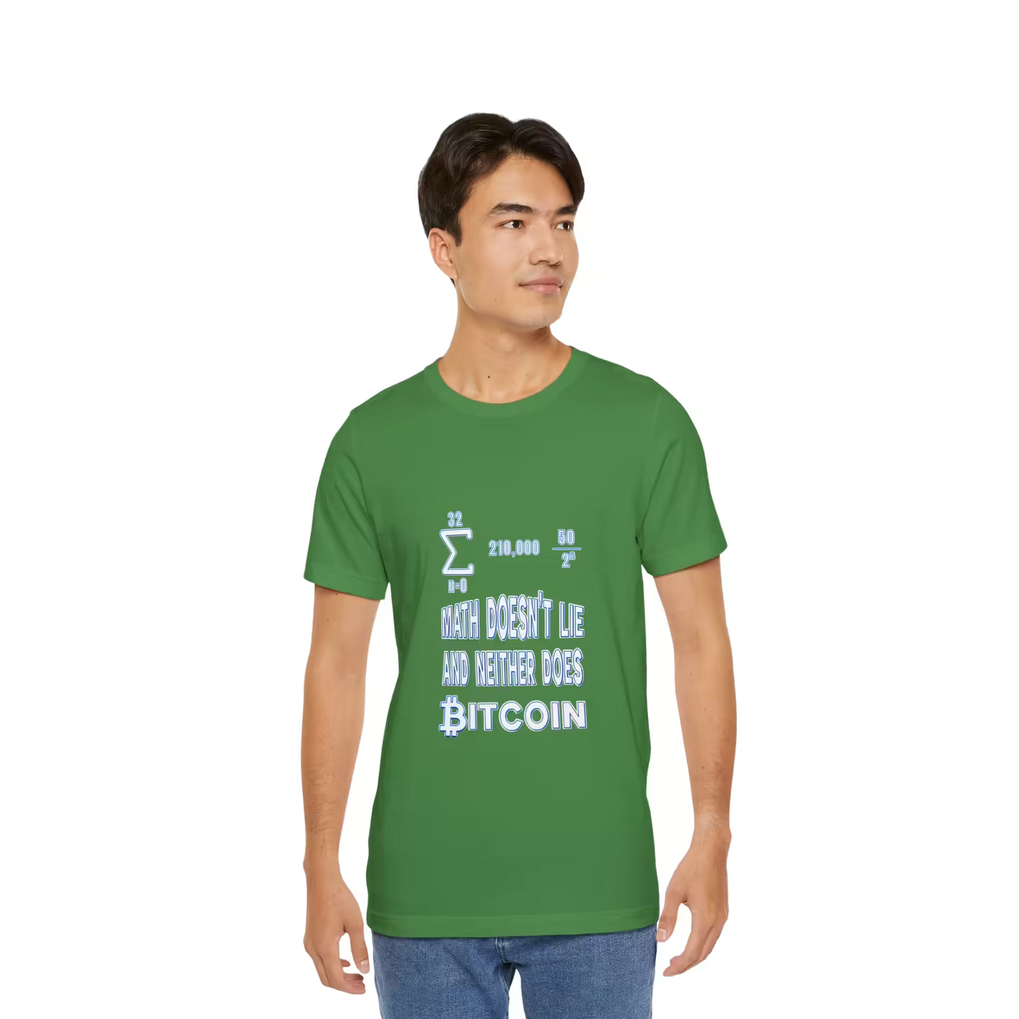 Front view of a model in the leaf Math Doesn't Lie Bitcoin t-shirt, embracing verifiable scarcity and sound money.