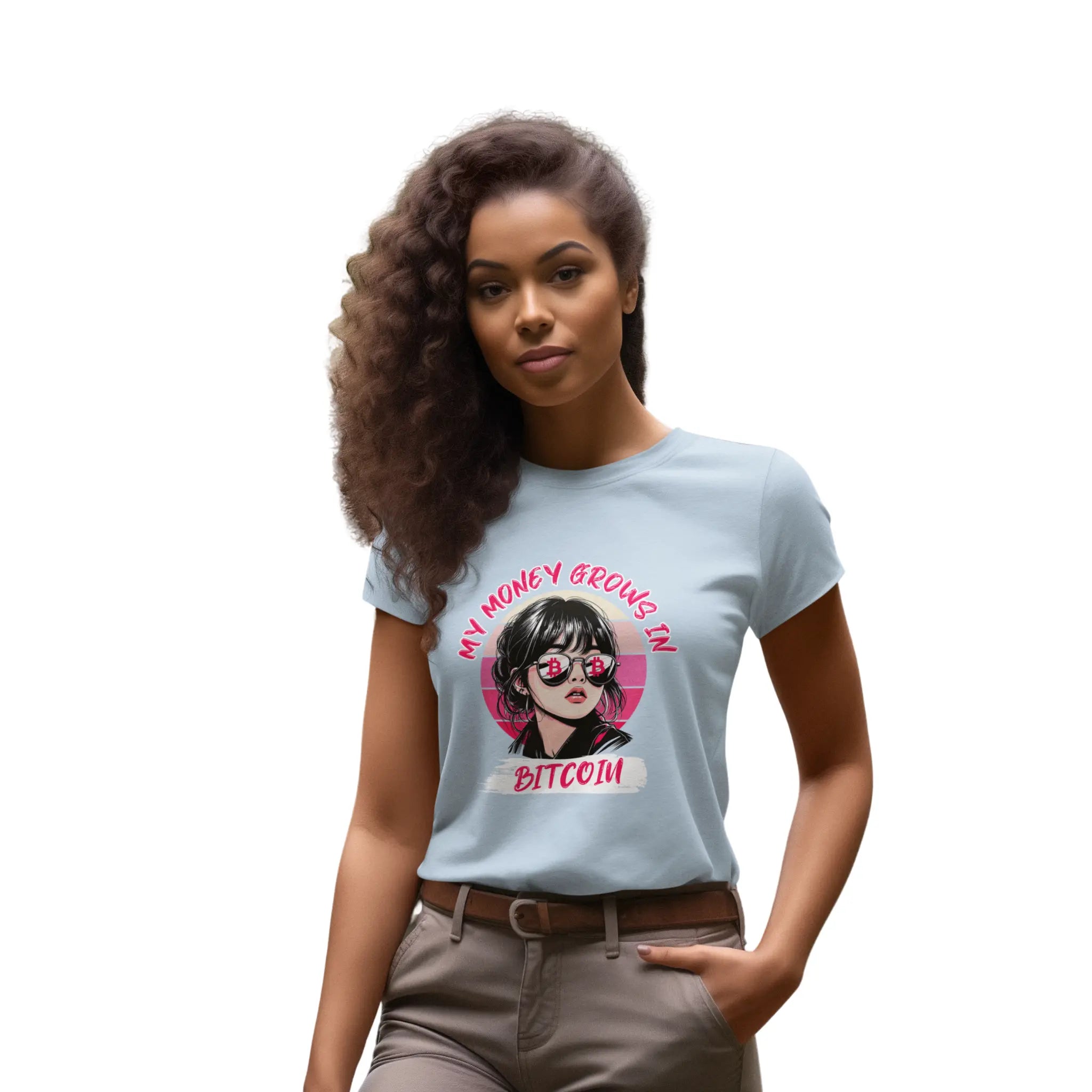My Money Grows In Bitcoin Womens Tee - Baby Blue - Bella Canvas 6004 Slim Fit Cotton - Sovereign Bitcoin Gear