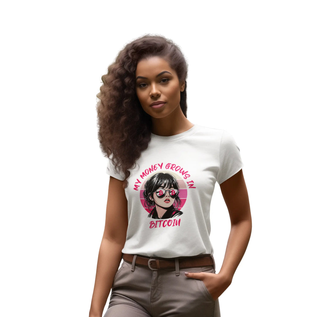 My Money Grows In Bitcoin Womens Tee - White - Bella Canvas 6004 Premium Soft Texture - Modern Bitcoin Wear