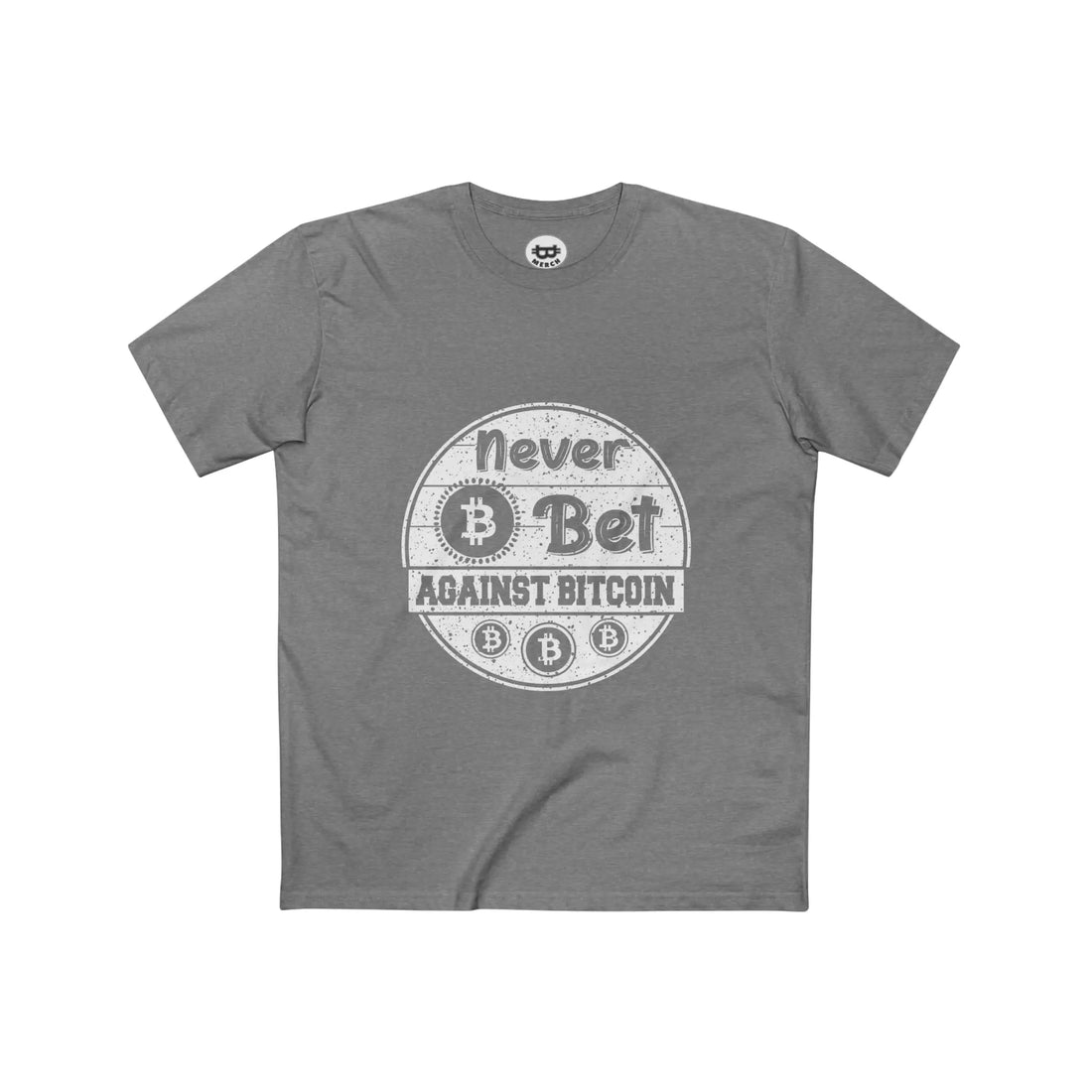 Flat lay view of the Athletic Heather Never Bet Against Bitcoin T-Shirt, showcasing the premium AS Colour 5001 fabric. Bitcoin Merch.