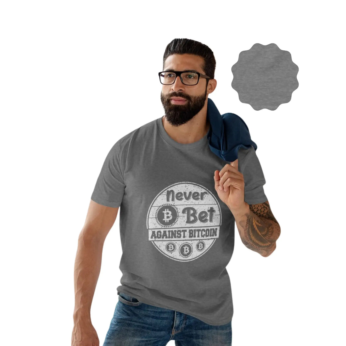 Front view of a model wearing the Athletic Heather Never Bet Against Bitcoin T-Shirt, featuring a bold statement design. Bitcoin Merch.