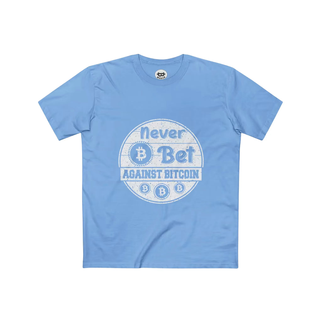 Flat front view of a Carolina Blue Never Bet Against Bitcoin T-Shirt showing the distressed white slogan and Bitcoin symbols.