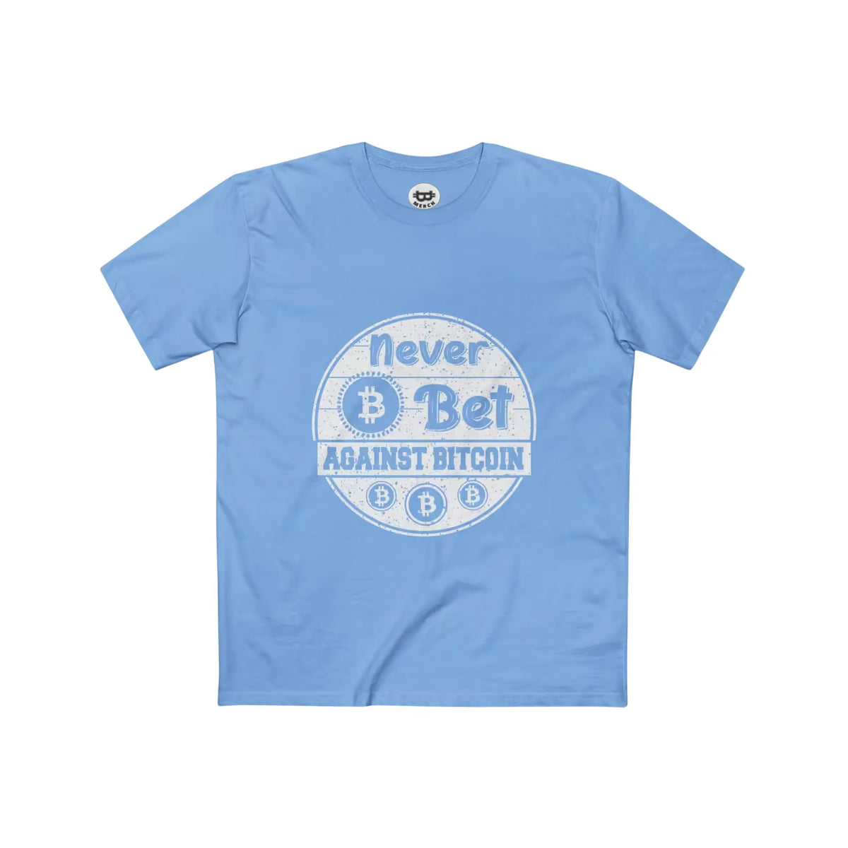Flat front view of a Carolina Blue Never Bet Against Bitcoin T-Shirt showing the distressed white slogan and Bitcoin symbols.