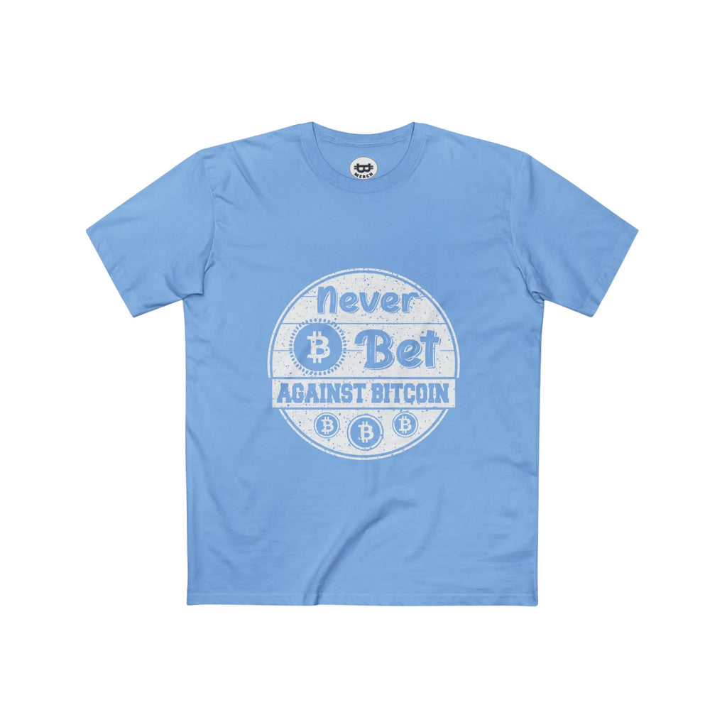 Flat lay view of the Carolina Blue Never Bet Against Bitcoin T-Shirt, showcasing the premium AS Colour 5001 fabric. Bitcoin Merch.