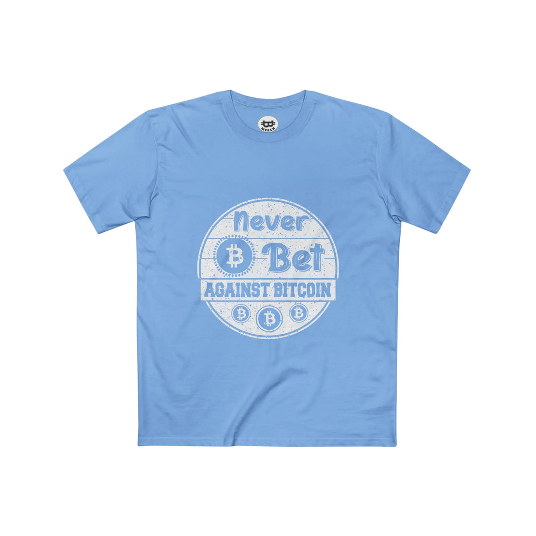 Flat lay view of the Carolina Blue Never Bet Against Bitcoin T-Shirt, showcasing the premium AS Colour 5001 fabric. Bitcoin Merch.