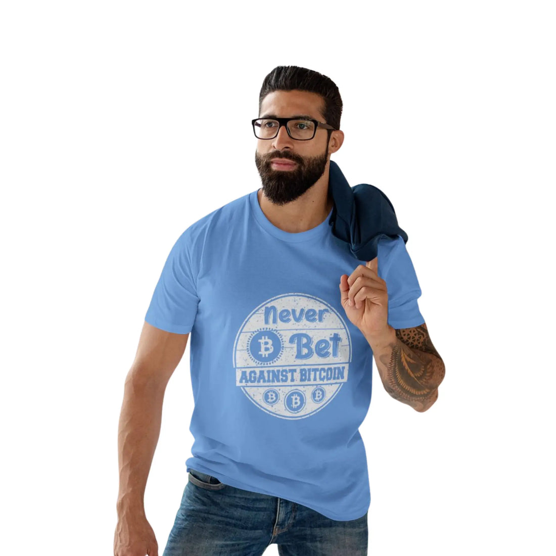 Front view of a model wearing the Carolina Blue Never Bet Against Bitcoin T-Shirt, featuring a bold statement design. Bitcoin Merch.