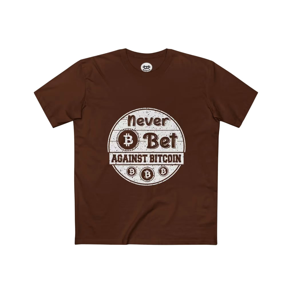 Flat front view of a Dark Chocolate Never Bet Against Bitcoin T-Shirt with a white circular graphic and Bitcoin symbols.