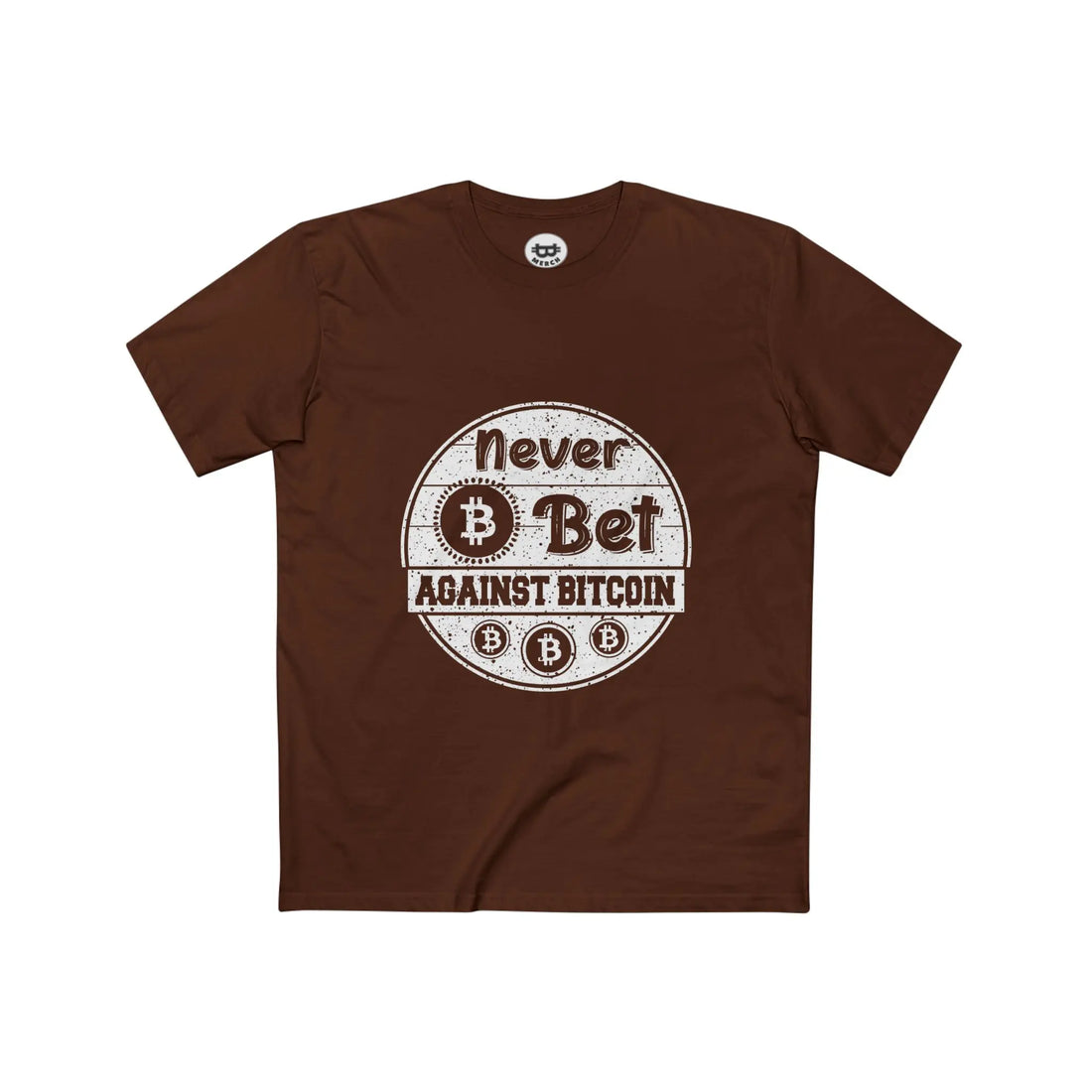 Flat lay view of the Dark Chocolate Never Bet Against Bitcoin T-Shirt, showcasing the premium AS Colour 5001 fabric. Bitcoin Merch.
