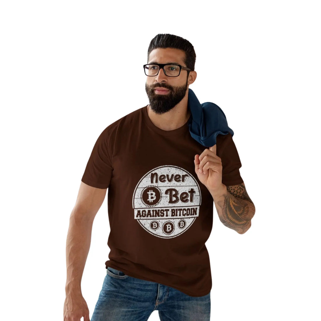 Front view of a model wearing the Dark Chocolate Never Bet Against Bitcoin T-Shirt, featuring a bold statement design. Bitcoin Merch.