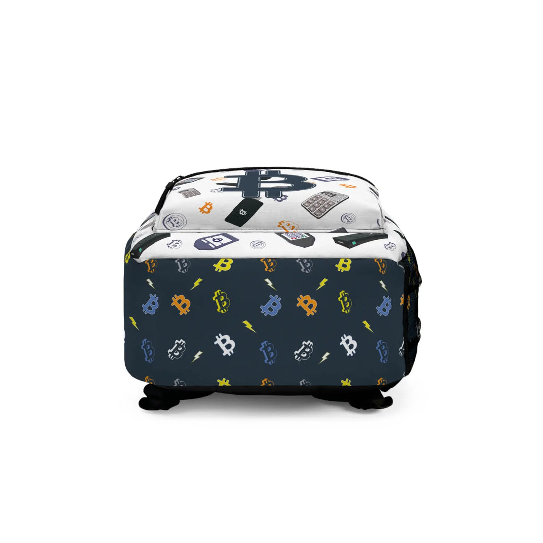 Bottom view showing the plain base of the Not Your Keys Not Your Bitcoin backpack. Assembled in the USA.