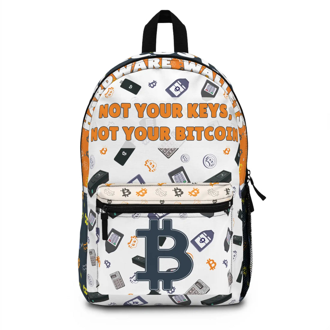 Front view of the Not Your Keys Not Your Bitcoin backpack. Assembled in the USA. Bitcoin Merch.