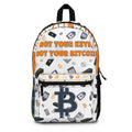 Front view of the Not Your Keys Not Your Bitcoin backpack. Assembled in the USA. Bitcoin Merch.