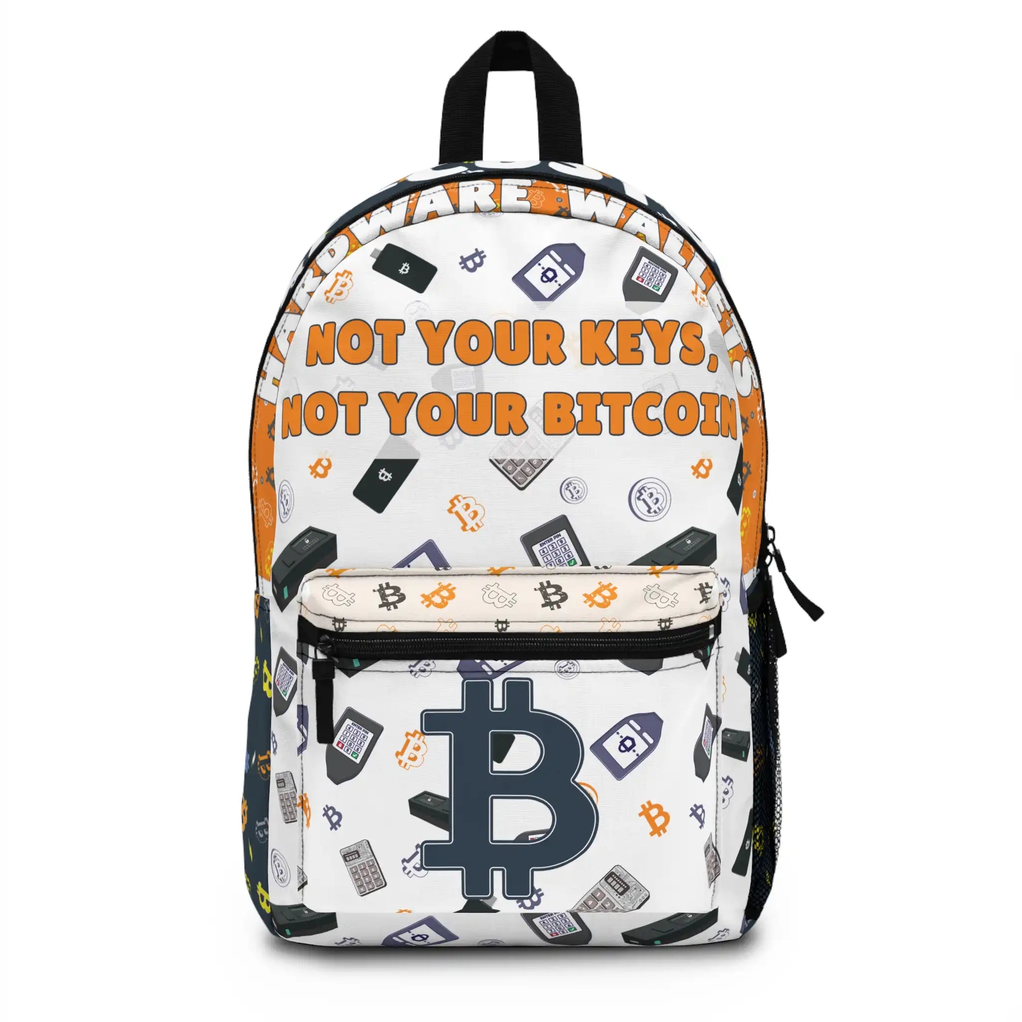 Front view of the Not Your Keys Not Your Bitcoin backpack. Assembled in the USA. Bitcoin Merch.