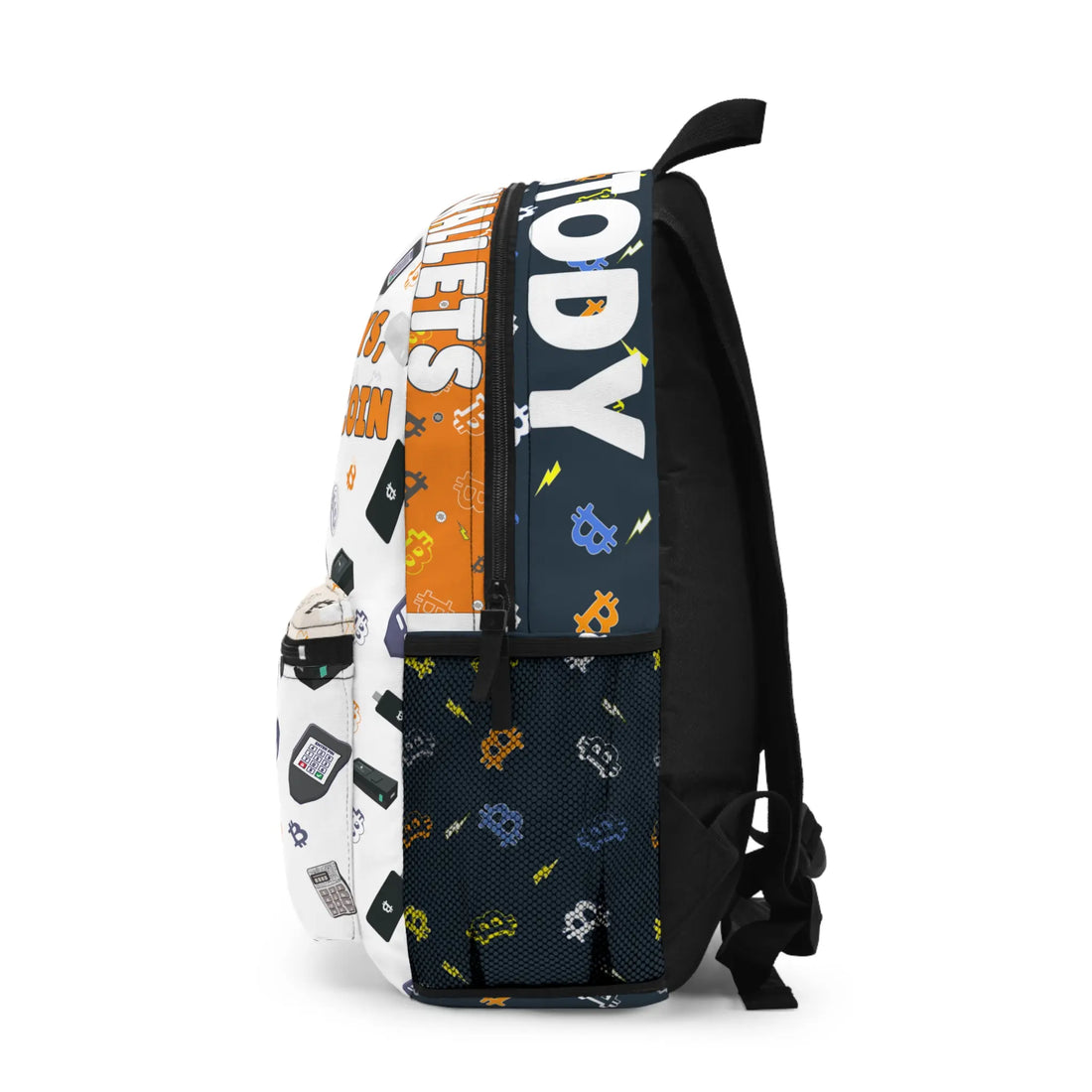 Left side view of the Not Your Keys Not Your Bitcoin backpack profile. Assembled in the USA.
