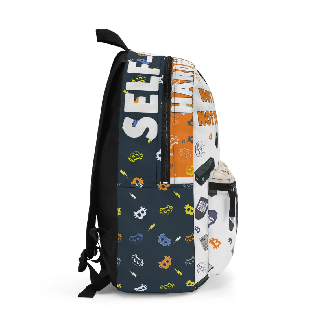 Right side of the Not Your Keys Not Your Bitcoin backpack with a mesh pocket. Assembled in the USA.