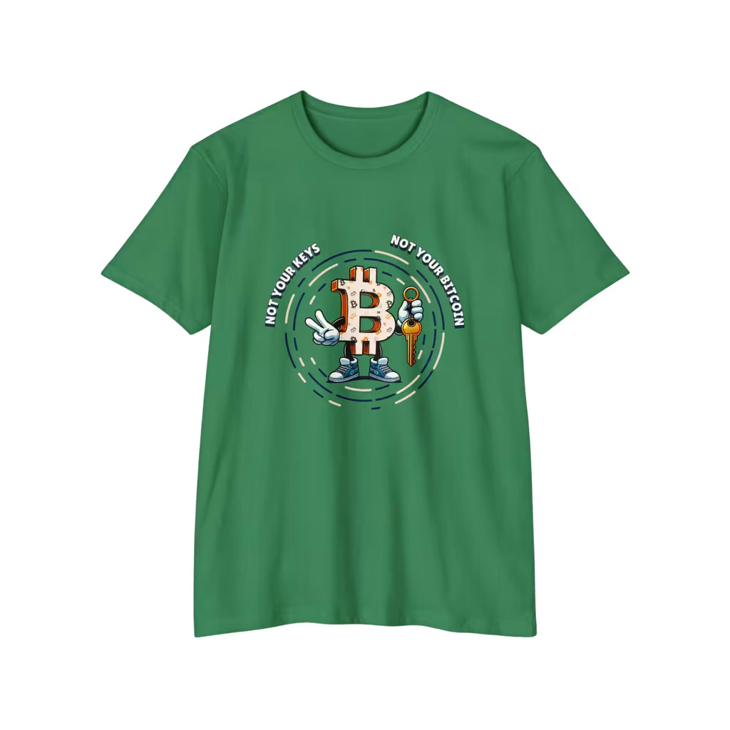 Flat lay of the cvc kelly green Not Your Keys Not Your Bitcoin t-shirt, showing the Next Level 6210 fabric.
