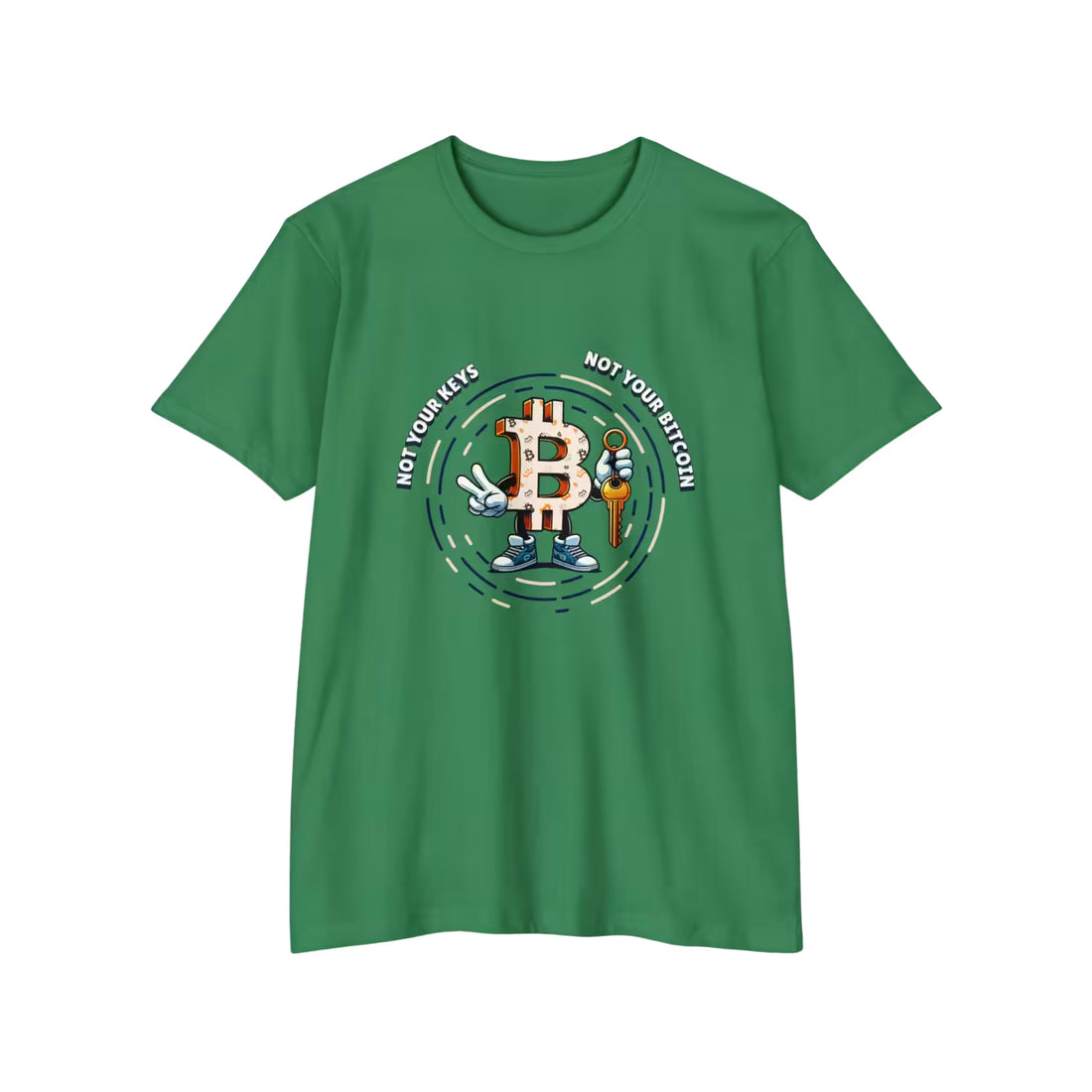Flat lay of the cvc kelly green Not Your Keys Not Your Bitcoin t-shirt, showing the Next Level 6210 fabric.