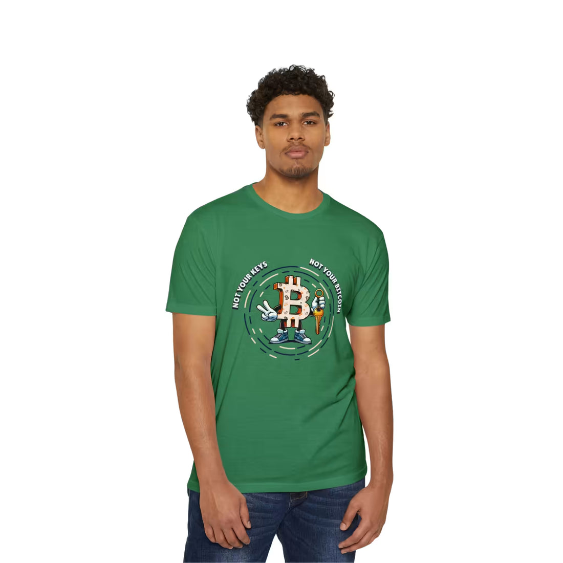 Front view of a model in the cvc kelly green Not Your Keys Not Your Bitcoin t-shirt, promoting self-custody.