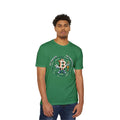 Front view of a model in the cvc kelly green Not Your Keys Not Your Bitcoin t-shirt, promoting self-custody.