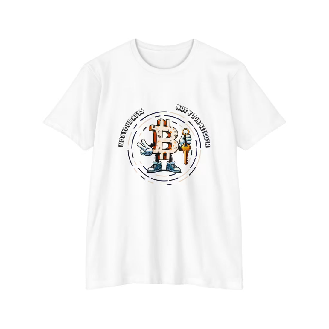 Flat lay of the cvc white Not Your Keys Not Your Bitcoin t-shirt, a premium Next Level 6210 staple for HODLers.