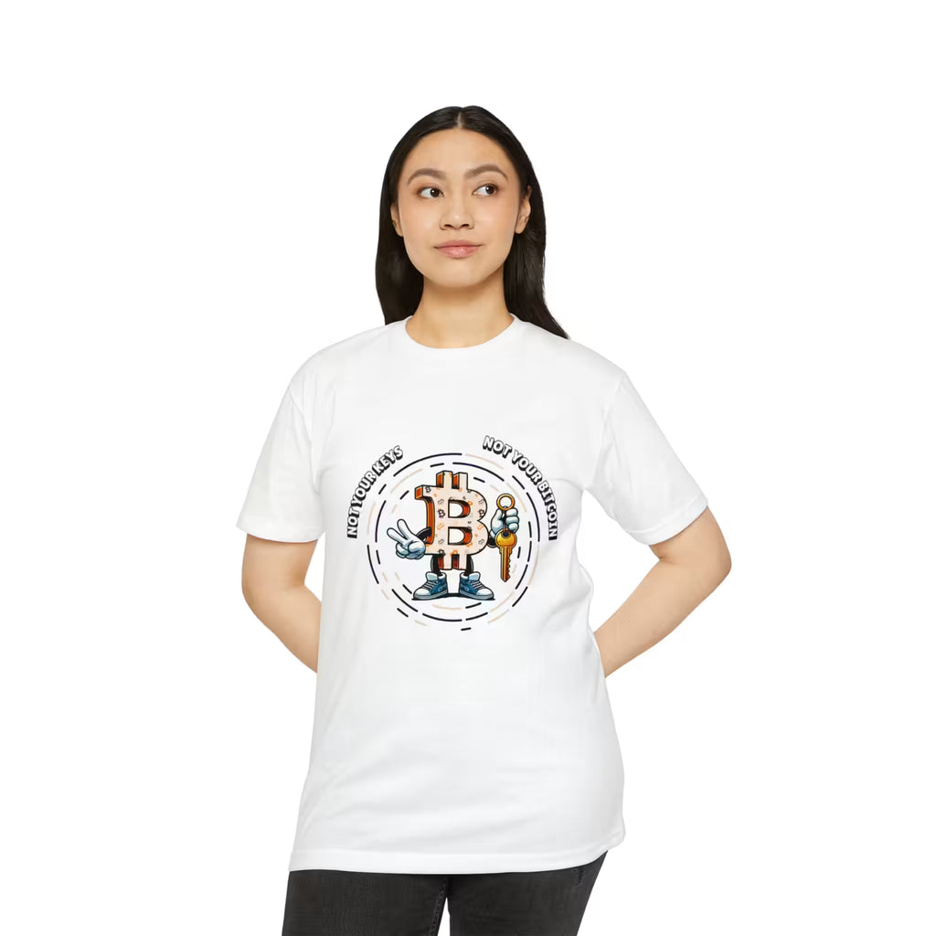Front view of a model wearing the cvc white Not Your Keys Not Your Bitcoin t-shirt. Hold your own wealth.