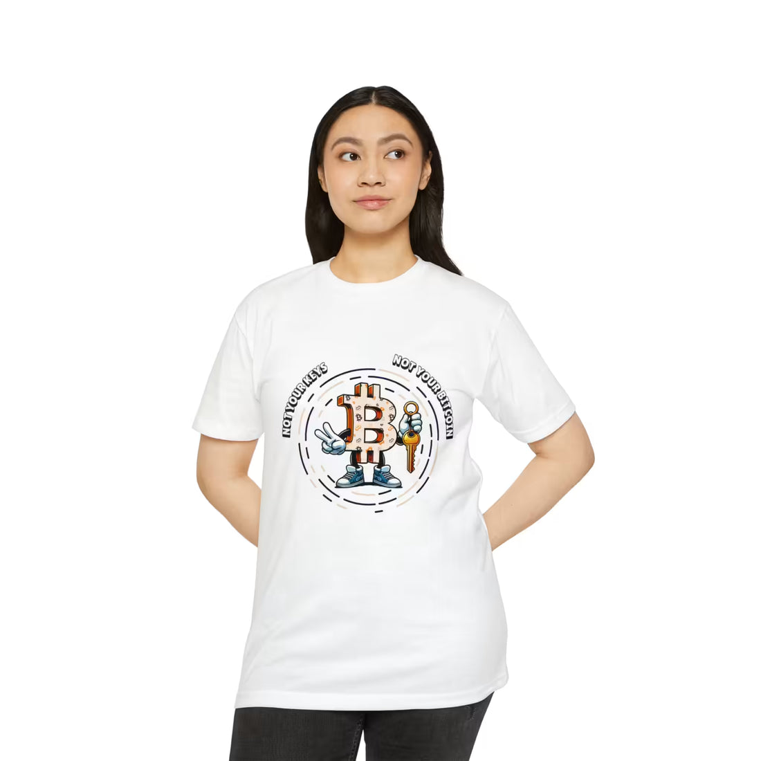 Front view of a model wearing the cvc white Not Your Keys Not Your Bitcoin t-shirt. Hold your own wealth.