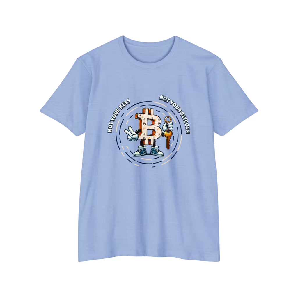 Flat lay of the heather columbia blue Not Your Keys Not Your Bitcoin t-shirt, featuring the Next Level 6210 build.