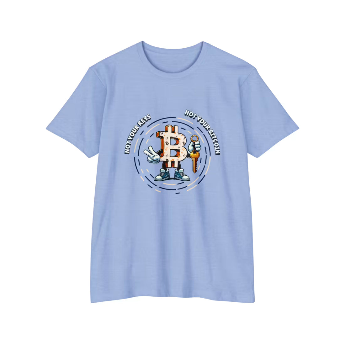 Flat lay of the heather columbia blue Not Your Keys Not Your Bitcoin t-shirt, featuring the Next Level 6210 build.