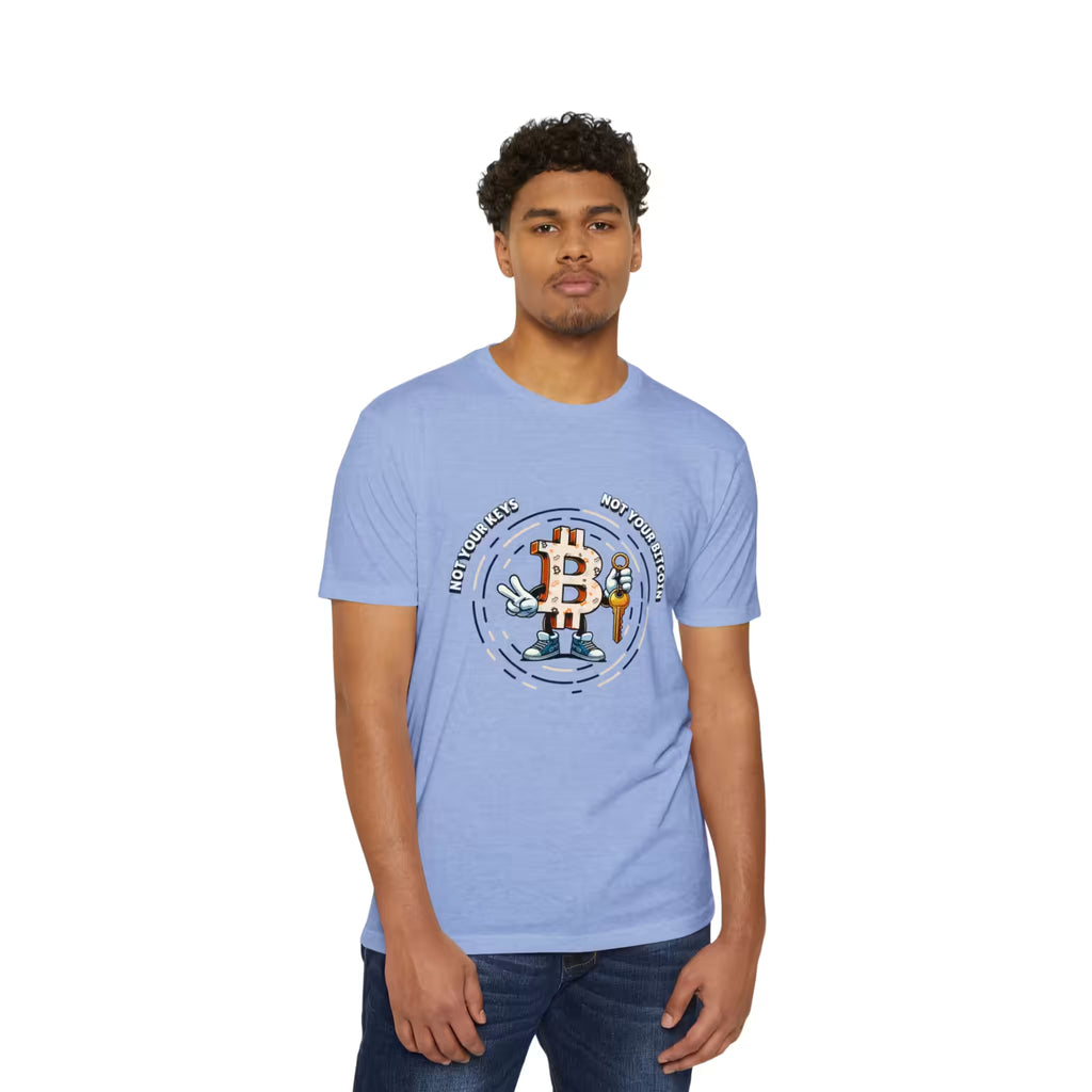 Front view of a model in the heather columbia blue Not Your Keys Not Your Bitcoin t-shirt, securing private keys.